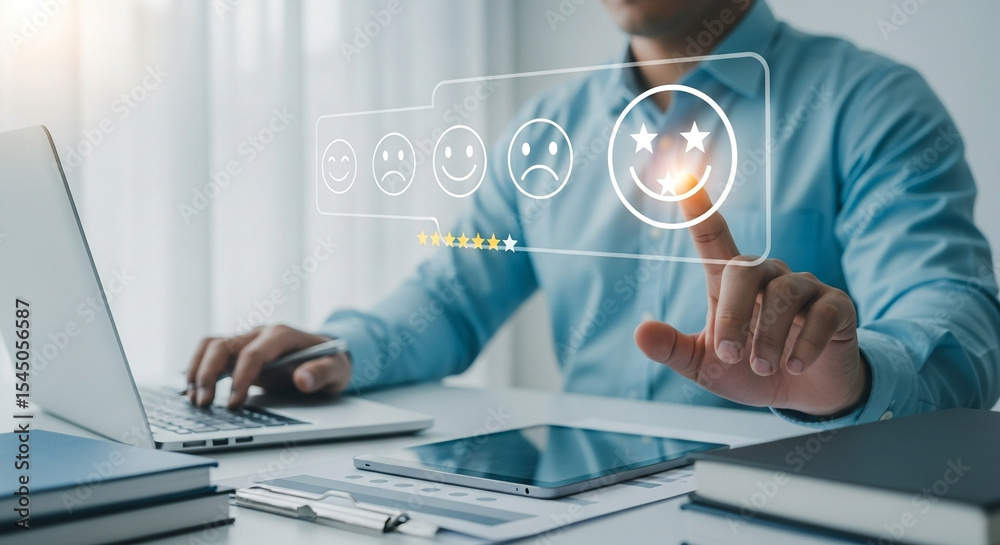 Poster Person using laptop and touching a digital interface with happy face and star ratings display screen panel
