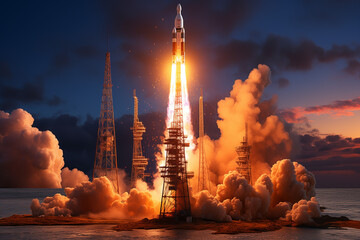 Rocket launching at night with fiery trail and clouds of smoke surrounding pad