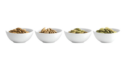 Four Small Bowls of Diverse Food Items Culinary Variety  Presentation On Transparent Background