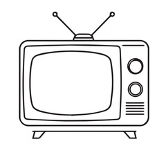 A classic retro television with rabbit ear antennas, two circular knobs, and a speaker grill is depicted in a detailed black outline on a white background.