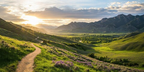 A winding trail leads through vibrant green hills and purple wildflowers toward a sunlit valley, framed by distant rugged mountains beneath a partly cloudy sky.