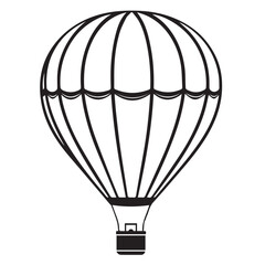 Fototapeta premium A black and white vector illustration of a hot air balloon with a striped canopy and a basket, floating against a white background.