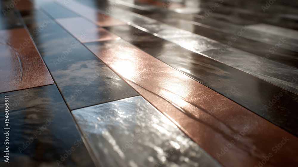 Poster Gleaming tiles in structured layout reflect sharp light, creating modern and sleek appearance. polished surface enhances visual appeal, adding depth and elegance