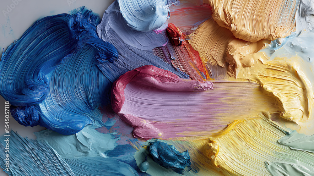 Poster colorful paint strokes in various shades of blue, pink, yellow, and orange create vibrant and textur