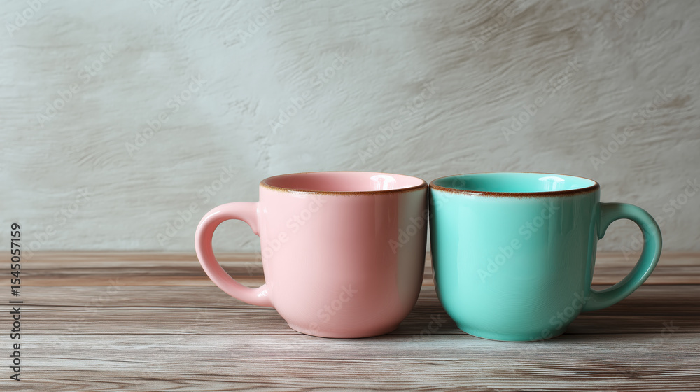 Poster two pastel pink and teal coffee cups sit on wooden table, creating cozy and inviting atmosphere. sof