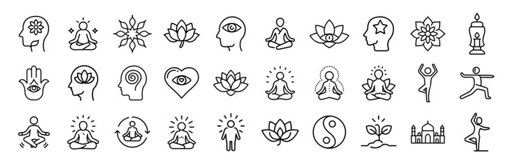 Yoga meditation relax balance harmony spiritual zen vector line icons set
