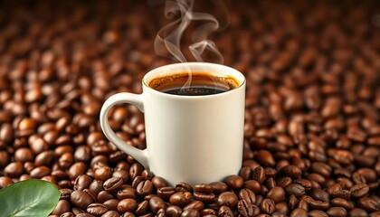 Fototapeta premium Vibrant vector illustration of a steaming coffee mug on a coffee bean background, morning, texture