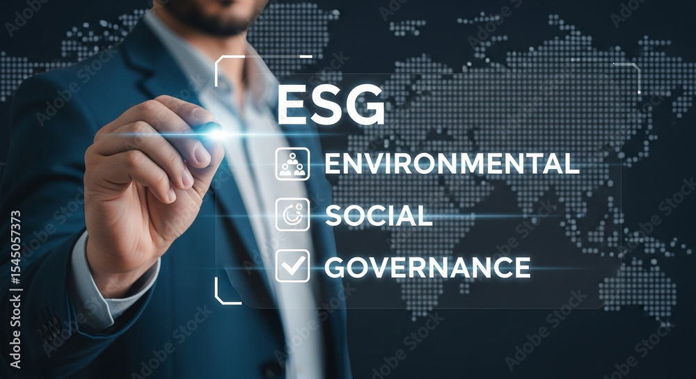 Aufkleber man in suit pointing to esg environmental social and governance over world map background