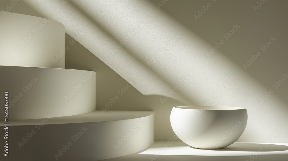Poster minimalist scene features white ceramic bowl on curved, tiered surface with soft light and shadow cr