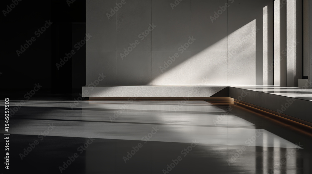 Poster minimalist interior features play of light and shadow on sleek surfaces, creating serene and modern 