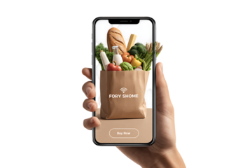 Hand holding smartphone showing app interface with grocery bag.