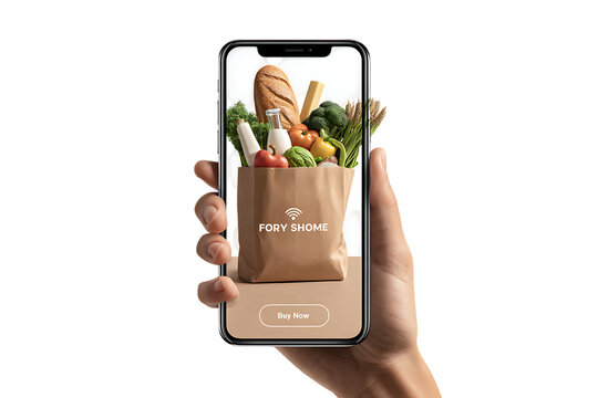 Hand holding smartphone showing app interface with grocery bag. - Powered by Adobe