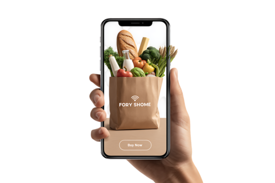Hand holding smartphone showing app interface with grocery bag. - Powered by Adobe