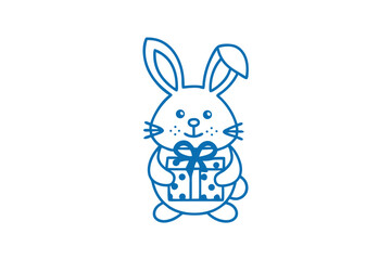 Blue bunny outline is holding a present with a bow and dots
