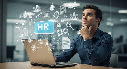 Man at desk with laptop looking at hr interface with icons and hr text in a blue box overlayed