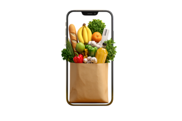 Smartphone screen showing a grocery bag full of fresh produce and goods.