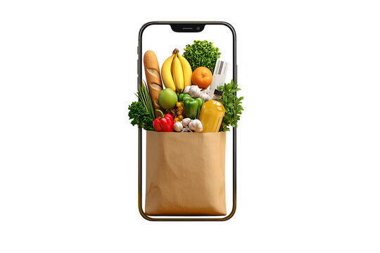 Smartphone screen showing a grocery bag full of fresh produce and goods. - Powered by Adobe