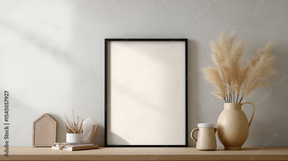Poster minimalist interior scene features framed picture on wooden shelf, surrounded by decorative items li