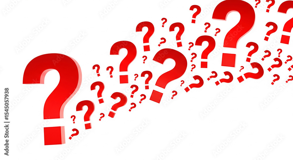 Poster Red question marks of varying sizes, scattered across a white background, creating a dynamic and inquisitive design, symbolizing curiosity, questions, and uncertainty