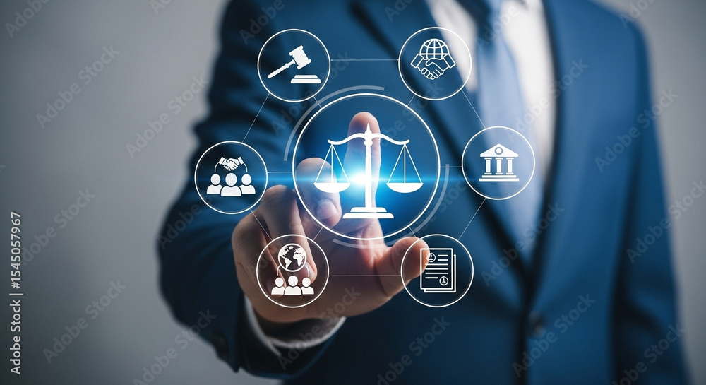 Poster man in suit touching digital scales of justice surrounded by legal icons on a virtual interface