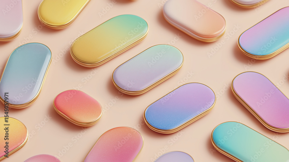 Poster Colorful pastel gradient pill shaped objects arranged on soft peach background create soothing and modern aesthetic. smooth, metallic edges add touch of elegance to design