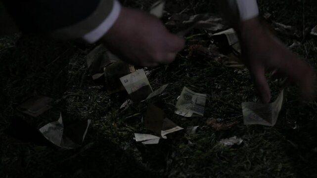 A montage showing money transactions. A person pays a bill at a bar, and a child's hands count old, historic Soviet ruble banknotes in an outdoor setting.