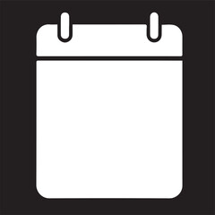 A solid white vector icon of a blank calendar page with two top loops, set against a black background, representing dates, planning, or appointments.