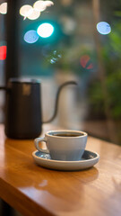Cup of hot coffee or tea and teapot on wooden table with bokeh background