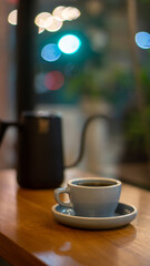 A cup of hot coffee or tea and teapot on wooden table with bokeh background	