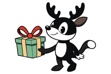 Cartoon reindeer smiling and carefully carrying a wrapped present with a ribbon overhead