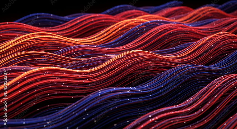 Poster Abstract image of red and blue wavy lines, creating a dynamic and flowing visual effect, symbolizing energy, connection, and technology