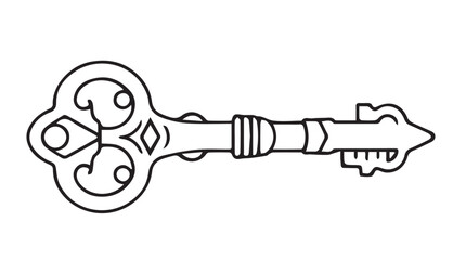 A delicate black outline vector illustration of an ornate, vintage key with a decorative bow and detailed bit, evoking history or secrets.