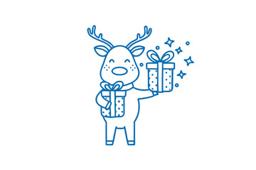 Blue reindeer with antlers and a gift box spreads holiday cheer through simple joyful outline