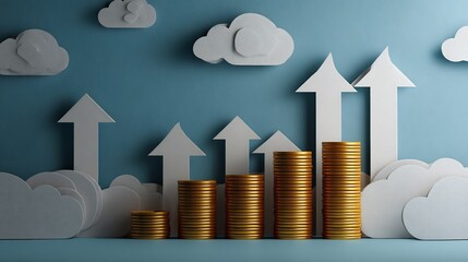 Business background layered paper cut effect of financial growth coin stacks investment arrows and cloud graphs visually appealing and no people