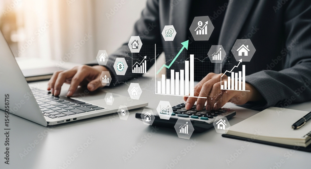 Aufkleber person working on laptop and calculator with financial charts and graphs overlayed on the image