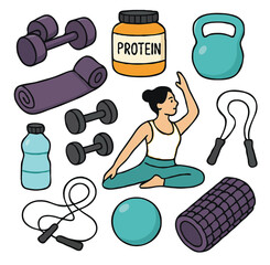 Fitness sticker set featuring weight training, yoga, and pilates elements. Includes dumbbells, protein supplements, kettlebell, jump rope, and more. Modern cartoon-style vector illustration