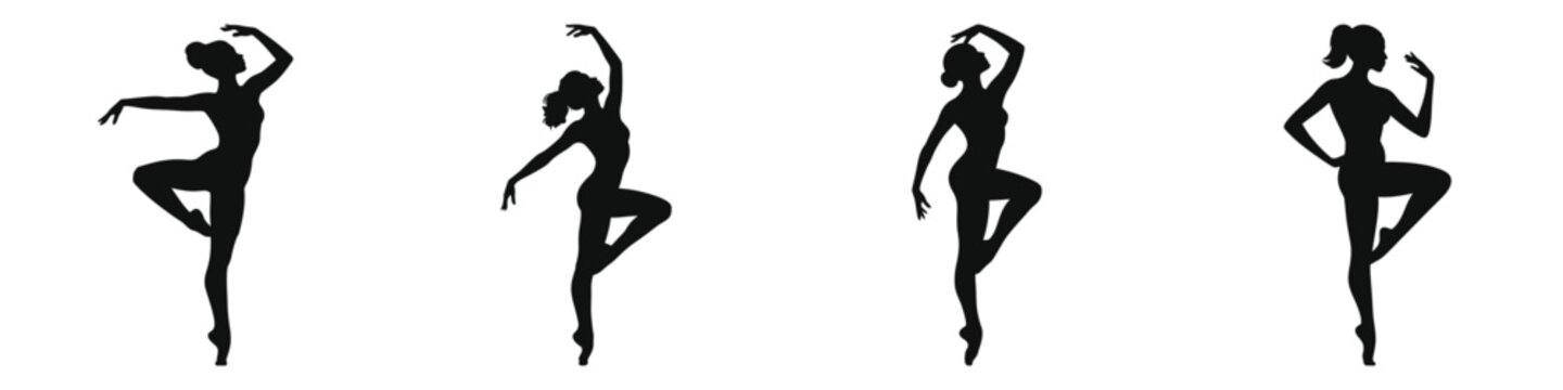 woman in &Eacute;chapp&eacute; feet moving apart dance pose, Four black silhouettes of ballerinas in various poses, showcasing elegant ballet positions against a white background.
