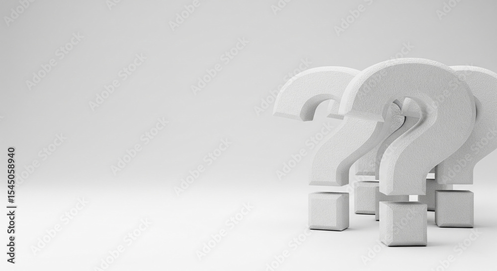 Poster white textured question marks on small cubes against a white background, showcasing inquiry, uncerta