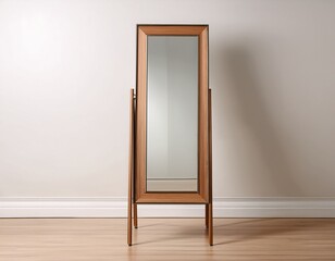 full length standing mirror with wooden frame and support leg reflecting a blank surface