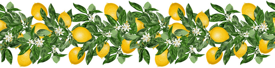  Seamless border with lemons and flowers. Branches with citrus fruits and white flowers and leaves Fruits on a branch. Watercolor illustration isolated from the background. Hand drawing. For textiles