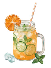 Refreshing citrus and mint summer beverage in mason jar with ice