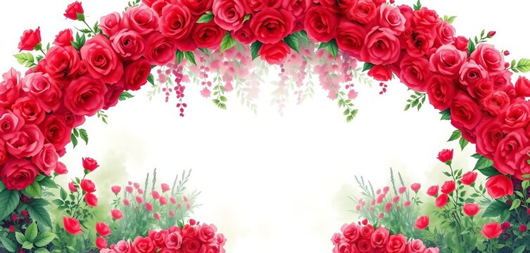 Watercolor red rose archway, lush garden landscape, wedding invitation design, petal, background