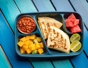 a vibrant vegetarian mexican bento featuring cheese quesadillas refried beans fresh salsa and juicy watermelon cubes
