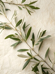 Olive branches with narrow leaves arranged in the corner over light paper texture