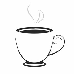 A simple vector illustration of a white coffee cup filled with a dark beverage and subtle steam rising, ideal for hot drinks or cafe themes.