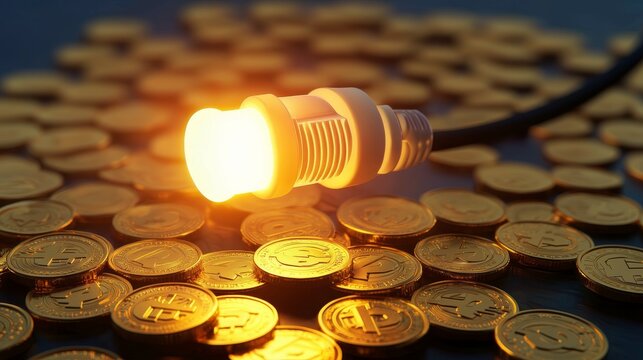 Home lighting and a pile of gold coins, the problem of rising electricity prices, the availability of a comfortable life