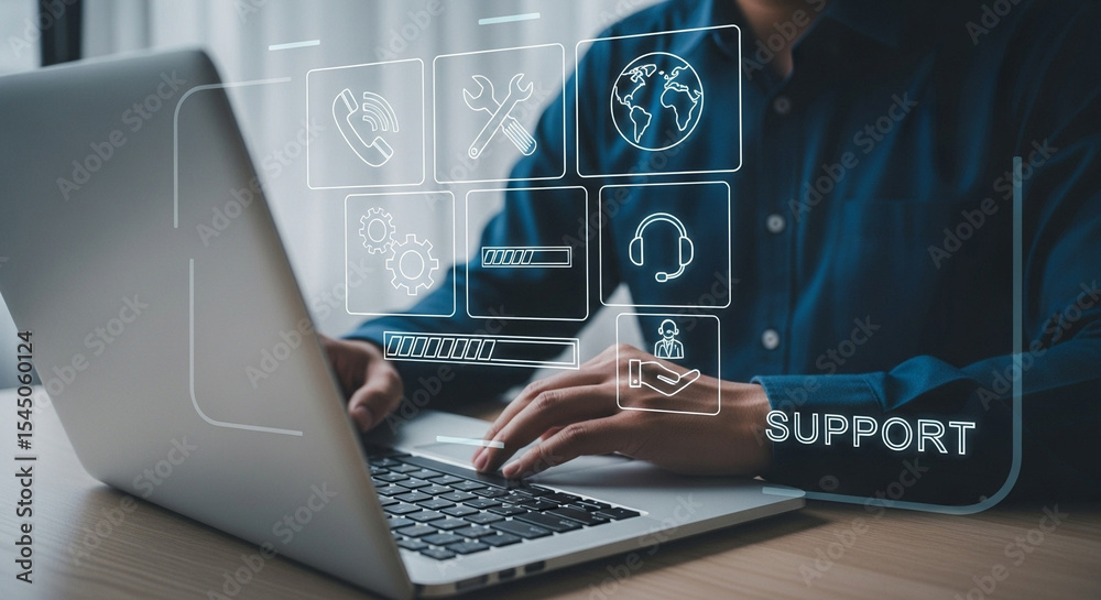 Poster person typing on laptop with support icons representing technical assistance and customer service