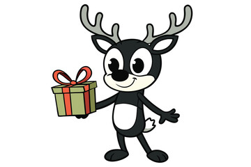 Cartoon reindeer with gray antlers cheerfully holds a green gift box with red ribbon