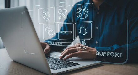Person typing on laptop with support icons representing technical assistance and customer service