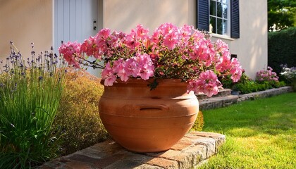 vibrant pink flowers blooming in a large rustic terracotta pot placed on a stone step outside a sunlit house with green grass and additional potted plants in the background